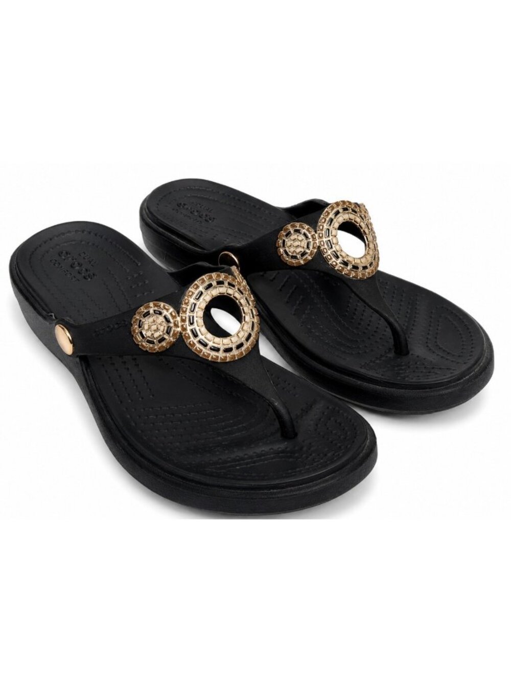 Crocs Sanrah Diamante Wedge Flip Flop Sandals Womens 6 Black Rose Gold Beaded